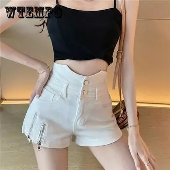 WTEMPO Высокая Waist Сплит Вилка Циппер Джинсовые шорты женщины Loose Весна и Summe случайные шорты XXXXL белый