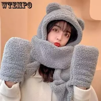 WTEMPO Warm Cute Bear Hats Plush Gloves Scarf One Piece Hat Women s Winter Three-piece Hats Windproof Coldproof Ear Protection Hats One Size хаки