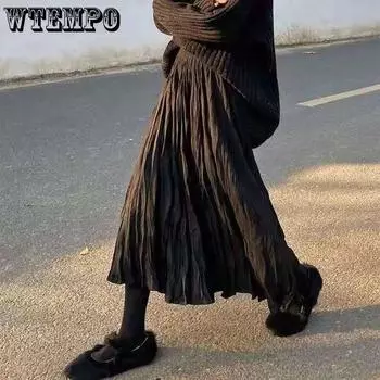 WTEMPO весенние морщинистые черно-белые плиссированные юбки женские корейский стиль повседневные эластичные длинные юбки трапециевидной формы с высокой талией уличная одежда S белый