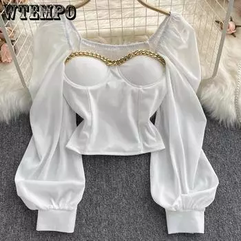 WTEMPO весенние женские черно-белые блузки с квадратным воротником, длинными рукавами-фонариками, короткие топы, женские элегантные рубашки для вечеринок S белый