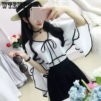 WTEMPO весна-лето белая шифоновая рубашка с рукавами-трубой + короткая юбка комплект из двух предметов женский корейский повседневный костюм S белый