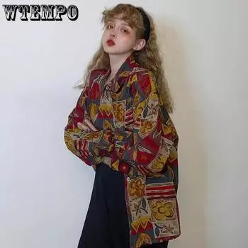 WTEMPO винтажная блузка женская 90-х годов Эстетическая Harajuku рубашки в стиле ретро с длинным рукавом женские свободные корейские топы с принтом уличная одежда S красный