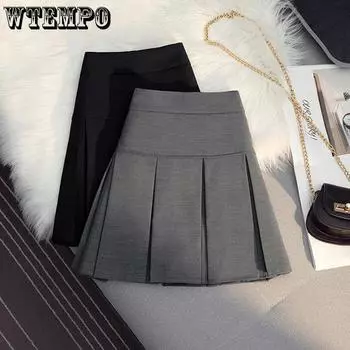 WTEMPO винтажные черные, серые плиссированные юбки женские кавайные мини-юбки с высокой талией корейская школьная форма уличная одежда в стиле Харадзюку S чёрный