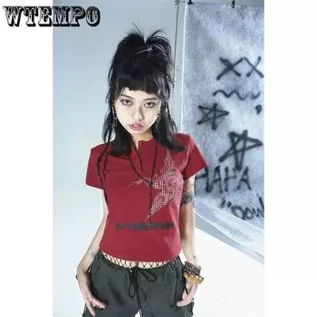 WTEMPO винтажные укороченные топы Y2K, женские эстетические однотонные футболки в стиле гранж, женские футболки со звездами и принтом в стиле панк, готическая уличная одежда, футболки с графикой S темно-синий