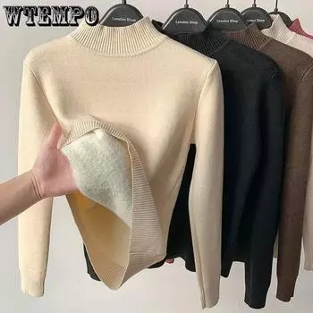 WTEMPO винтажные зимние свитера с высоким воротником, новый повседневный вязаный пуловер, модный толстый теплый трикотаж на флисовой подкладке, женские бархатные топы One Size синий