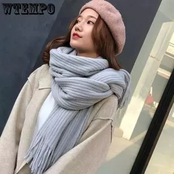 WTEMPO Winter Korean Style Knitted Tassel Scarf Women s Couple Thickened Warm Solid Color Neck Protection Women s Shawls Scarf One Size чёрный