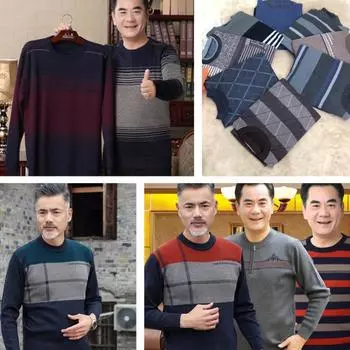 WTEMPO Winter Pullover Cashmere Padded Warm Shirt Soft and Comfortable Pullover Striped Shirt for Men 4XL