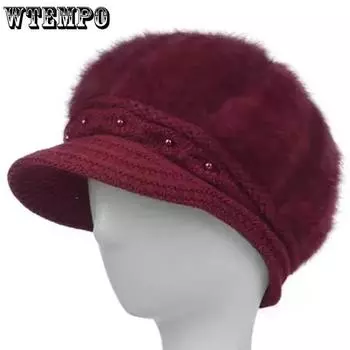 WTEMPO Зимние шапки из кроличьей шерсти, женские зимние большие шапки с жемчугом, однотонные теплые плюшевые толстые вязаные шапки 54-60cm чёрный