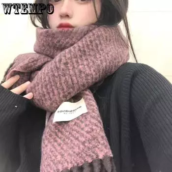 WTEMPO Winter Versatile Casual Long Warm Knitted Color Matching Scarves Women s Thickened Windproof Cold-proof Scarves One Size зелёный