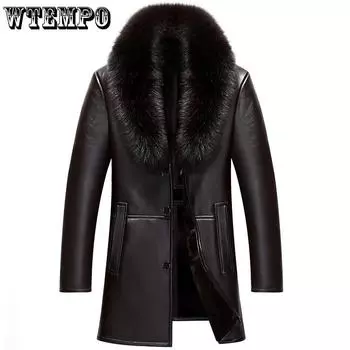 WTEMPO Winter Warm Faux Leather Windproof Cold-proof Men s Plush Mid-length Jacket with Button Thickened Faux Fur Outdoor Skiing Cycling Riding Coats 4XL чёрный