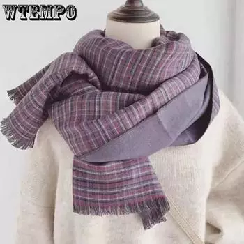 WTEMPO Women Autumn Winter Double-sided Plaid Scarves Ladies Warm Soft Imitation Cashmere Casual Versatile Taseel Scarves One Size фиолетовый