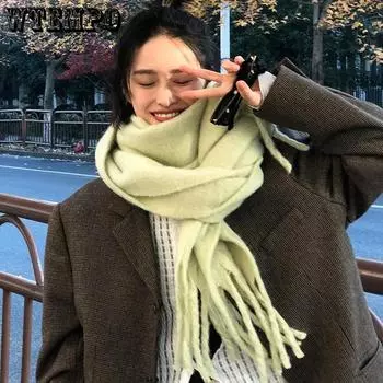 WTEMPO Women Autumn Winter Shawl Thickened Warm Scarves Solid Color Casual Versatile Tassel Soft Windproof Scarves One Size синий
