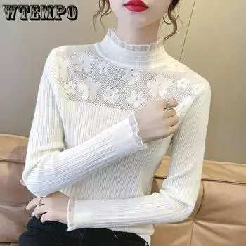 WTEMPO Женские повседневные тонкие универсальные трикотажные свитера с длинным рукавом весна осень зима однотонные эластичные кружевные свитера S чёрный