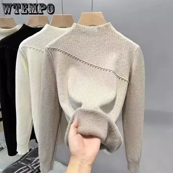 WTEMPO Women Casual Versatile Half High Collar Bottoming Sweater Tops Autumn Winter Large Size Solid Color Stretchy Knitted Pullovers One Size бежевый