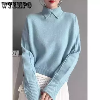 WTEMPO Women Casual Versatile Turn-down Collar Sweater Tops Office Lady Autumn Winter Large Size Solid Color Knitted Pullovers S бежевый