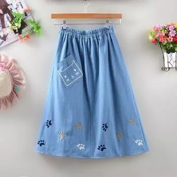 WTEMPO Women Denim Skirt Elastic Waist Embroidery A Line Skirt for Girl Midi Jean Skirts One size