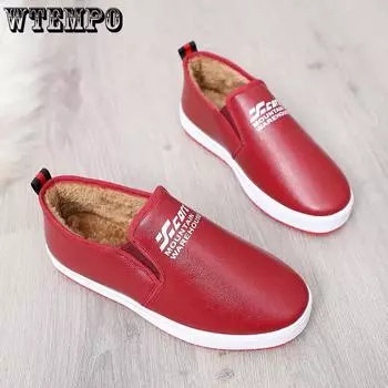 WTEMPO Women Faux Leather Casual Solid Color Soft Shoes Autumn Winter Large Size Warm Plush Slip-on Shoes 36 чёрный