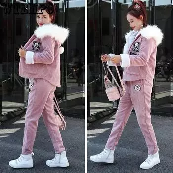 WTEMPO Women Hooded Sweatshirt Set Autumn Solid Casual Long Sleeve Warm Pullovers Tracksuit Female Winter Two Piece Sets M розовый