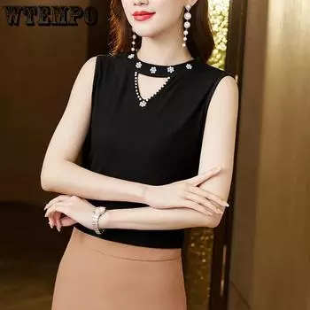 WTEMPO Women Large Size Loose Ice Silk Camisole Vests Solid Color Sleeveless Casual Versatile Large Size Tops Undersuit M чёрный