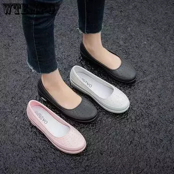 WTEMPO Women PVC Waterproof Non-slip Soft Thick Heel Single Shoes Large Size Solid Color Casual Hollow-out Work Shoes 36 чёрный