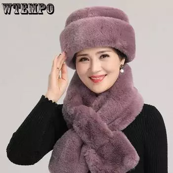 WTEMPO Women s Autumn and Winter Solid Color Scarf + Hat Mother Windproof Cold-proof Thick Warm Cotton Blend Hat Scarf Set hat + scarf