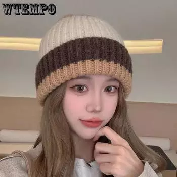 WTEMPO Women s Autumn Winter Color Matching Knitted Hats Stretchy Ear-protection Warm Woolen Hats Couple Cold-proof Windproof Hats One Size хаки