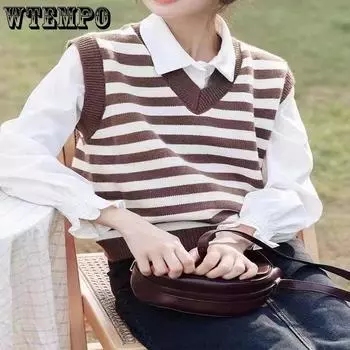 WTEMPO Женский осенне-зимний стиль Preppy Трикотаж Безрукавные свитера Однотонные повседневные свитера Трикотажные жилеты с V-образным вырезом only vest*one size хаки