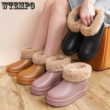 WTEMPO Women s Autumn Winter Warm Cold-proof Plush Boots Faux Leather PU Large Size Casual Solid Color Shoes 36-37 розовый