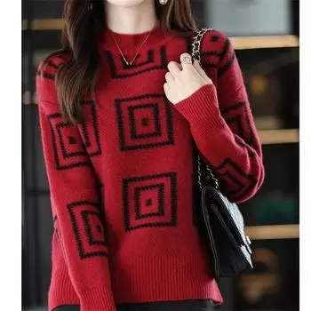 WTEMPO Women s Black Checkered Sweater Autumn and Winter Thick Round Neck Top Loose Knit Sweater S