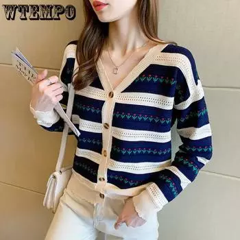 WTEMPO Women s Casual Versatile Long Sleeve Striped Sweater Cardigans V-neck Large Size Solid Color Loose Knitted Cardigans M темно-синий