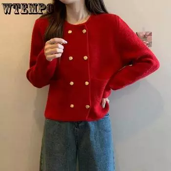 WTEMPO Women s Casual Versatile Long Sleeve Loose Knitted Cardigans Large Size Solid Color O-Neck Button Sweater Cardigans S чёрный