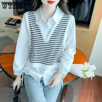 WTEMPO Women s Fake 2-piece Spring Autumn Long Sleeve Patchwork Shirts Women s Turn-down Collar Loose Casual Versatile Bluoses Striped Tops S белый