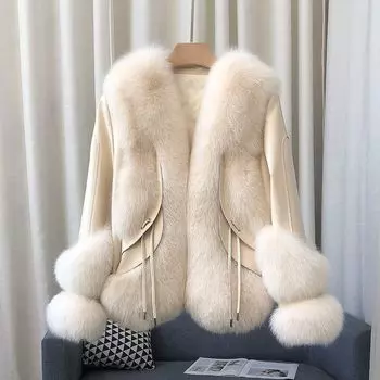 WTEMPO Женское пальто из искусственной кожи с воротником из искусственного меха, манжетами, теплая отделка, куртка, кардиган, модная верхняя одежда на зиму и осень S бежевый