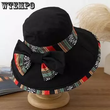WTEMPO Women s Foldable Fashion Spring Summer Printed Wide Brim Bow Hats Simple Elegant Casual Holiday Sun Hats with Windproof Rope 1pc хаки
