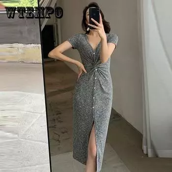 WTEMPO Women s Gray Ice Silk Knit Dress Female Summer Split Slimming V-neck Maxi Dress Long Maxi Dress Pleated Split Dress S