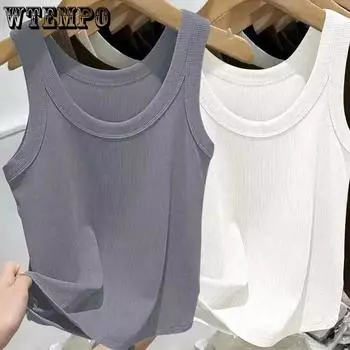 WTEMPO Women s Ice Silk Ribbed Camisole Tops with U-neck and Spaghetti Straps for Spring and Summer Solid Color Large Size Elastic Vests M чёрный
