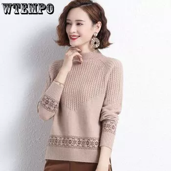 WTEMPO Women s Knitted Sweater Half Neck Sweater Mom Loose Knitted Long Sleeve Top S верблюд