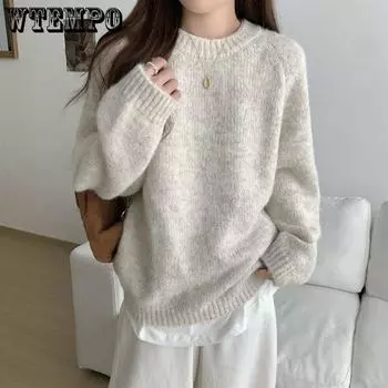 WTEMPO Women s Knitted Sweater Loose and Lazy Loose Round Neck Long Sleeved Pullover Knit Sweater Top S