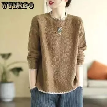 WTEMPO Women s Knitted Sweater Winter Loose Plus Size Top Round Neck Sweater M