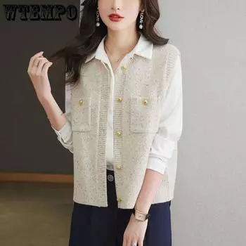 WTEMPO Women s Knitted Vest Spring and Autumn Round Neck Sweater Loose Knit Vest Cardigan S синий