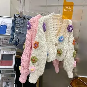WTEMPO Women s Long Sleeve Button Up V Neck Flower Knitted Jacket Fashion Sweater Warm Knitwear Pullover Knitted Coat Comfortable Sweater S