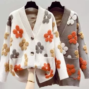 WTEMPO Women s Long Sleeve Button Up Sweater Warm Knitwear Pullover Knitted Coat Jumper Flower Sweater S белый