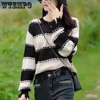 WTEMPO Women s Long Sleeve Crewneck Sweater Fashion Frayed Hem Knitwear Girl Soft Comfortable Knitting Tops Sweaters One Size зелёный