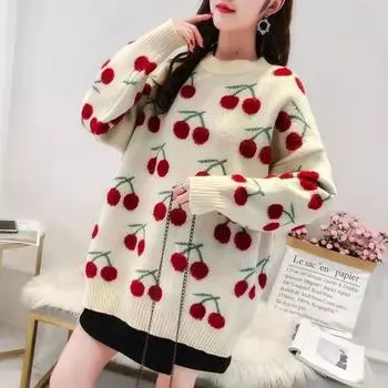 WTEMPO Women s Long Sleeve Sweater Warm Knitwear Pullover Knitted Coat Jumper Cute Friuit Sweater S белый