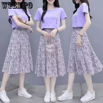 WTEMPO Women s Purple Floral Half Skirt Chiffon Mid Length Skirt Loose Elastic Waist S