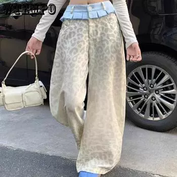 WTEMPO Women s Retro Distressed Large Size Loose Leopard Printed Casual Long Pants Spring Autumn Wide Leg Trousers with Hemline S