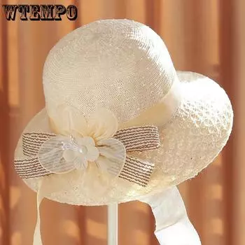 WTEMPO Women s Solid Color Breathable Summer Sunscreen Hats Pearl Flower Bow Flower Wide Brim Outdoor Travel Beach Hats 1pc хаки