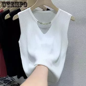 WTEMPO Women s Solid Color Large Size Ice Silk Vests Casual Versatile V-neck Tank Tops Sleeveless Base Bottoming T-shirts M чёрный