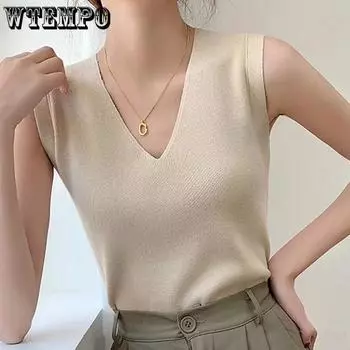 WTEMPO Women s Spring Autumn Knitwear Vets V-neck Sleeveless Inner Bottom Shirts Stylish Casual Versatile Ice Silk Tops M чёрный