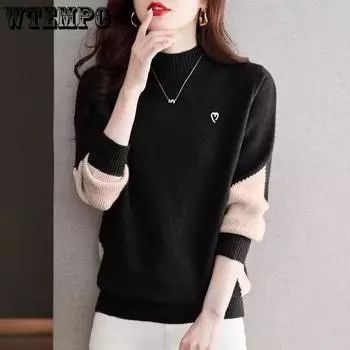 WTEMPO Women s Sweater Autumn/Winter New Half High Collar Loose Knitted Top Bottom Shirt S